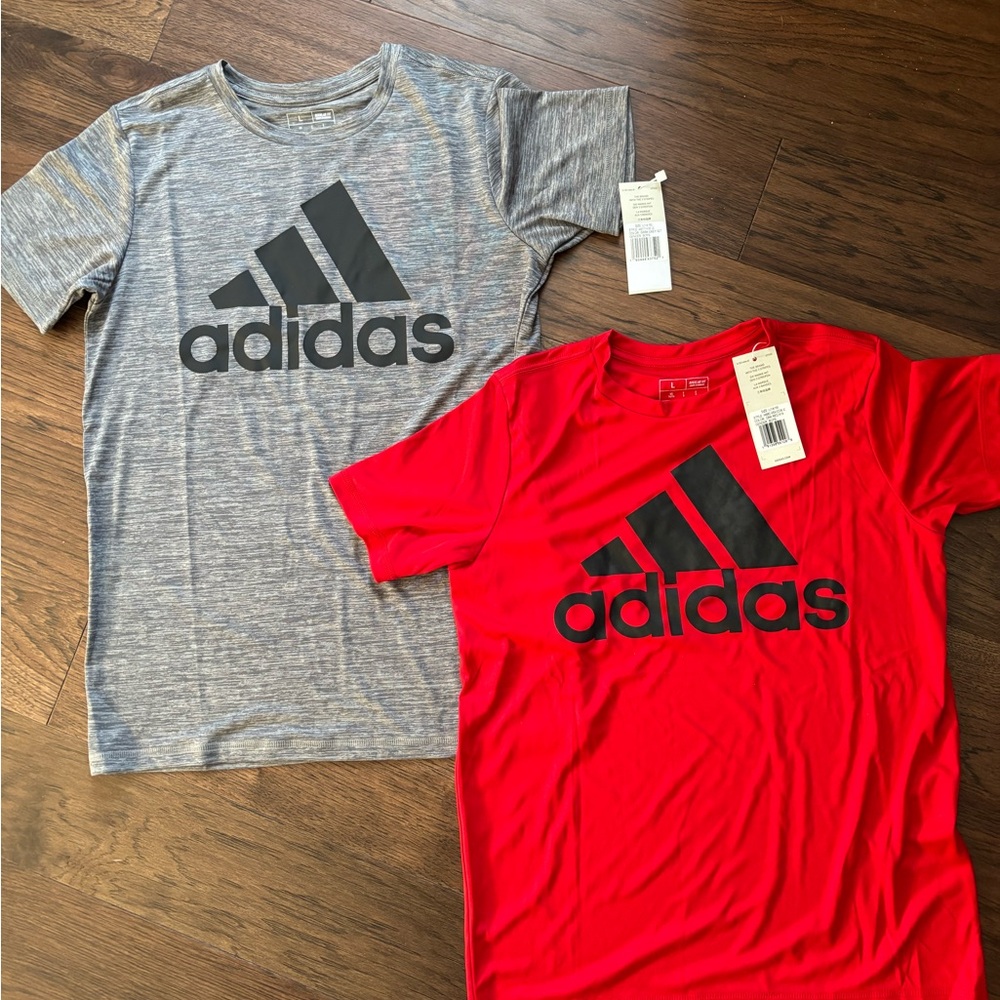 NWT Adidas Kids' Black Logo Tees in Gray and Red boys large